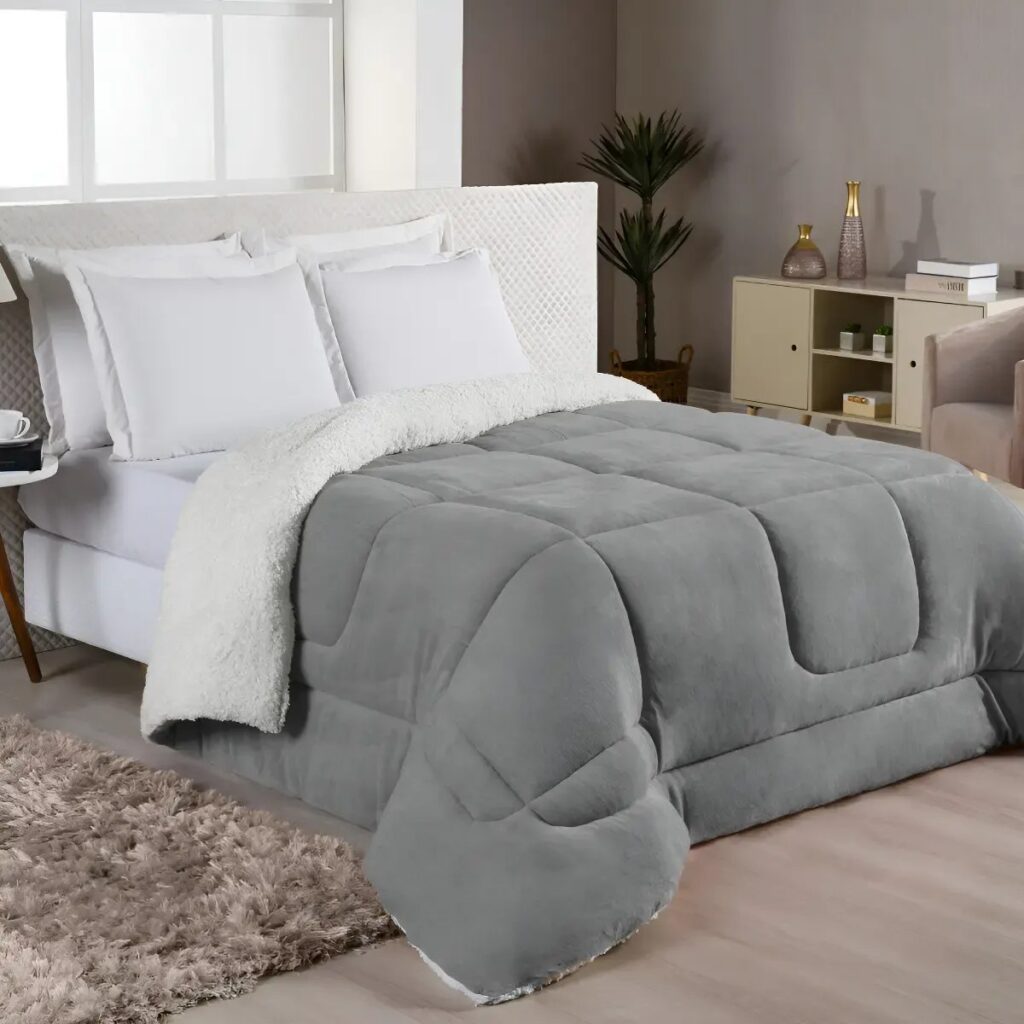 Oferta: Edredom Sherpa Cobertor e Coberdrom Casal Queen Grosso Pele De Carneiro Dupla Face Cinza Super Quente Casa Laura Enxovais - Tubarão Digital