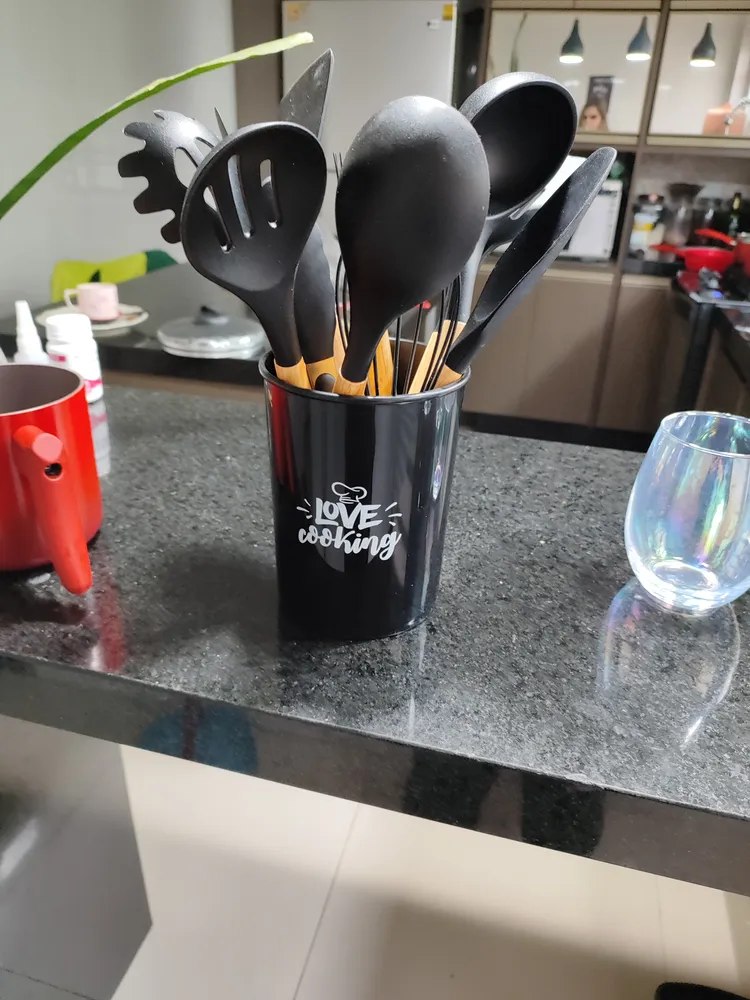 Oferta: Kit C/12 Utensílios De Cozinha Silicone Cabo Madeira - Tubarão Digital