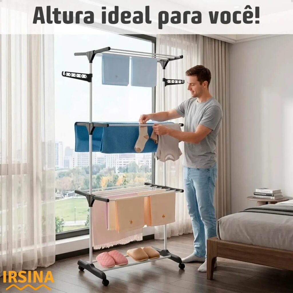 Oferta: Varal Dobrável De Chão 3 Andares De Roupas Grande Com Rodinha Resistente Durável Irsina - Tubarão Digital